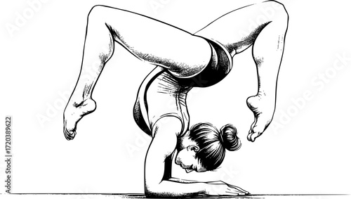 Minimal black and white linear sketch of a gymnast tucked in flip, elegant vector art perfect for gymnastics, sports, acrobatics, fitness, and minimal design projects
