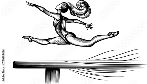 Minimal black and white outline of a gymnast leaping on balance beam with flowing lines, elegant vector art perfect for gymnastics, sports, fitness, acrobatics, and minimal design projects