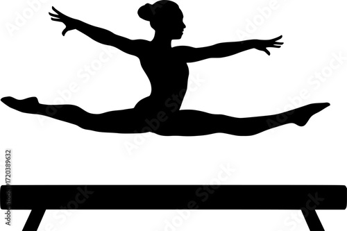 Minimal black and white silhouette of a gymnast performing a split leap on balance beam, elegant vector art perfect for gymnastics, sports, fitness, acrobatics, and minimal design projects