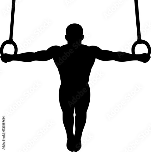 Minimal black and white silhouette of a gymnast performing an iron cross on rings, elegant vector art perfect for gymnastics, sports, strength training, acrobatics, and minimal design projects