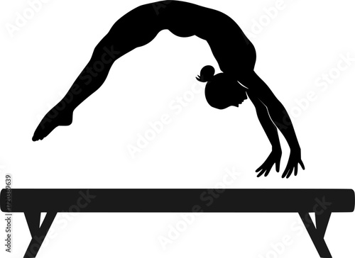 Minimal black and white silhouette of a gymnast performing a back handspring on balance beam, elegant vector art perfect for gymnastics, sports, acrobatics, fitness, and minimal design projects