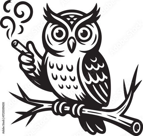 Owl Smoking a Cigar on a Branch Keywords: owl, bird, smoking, cigar, branch, tree, perch, night