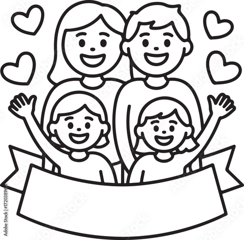 Happy Family of Four with Hearts and Blank Banner Keywords: family, parents, children, mother
