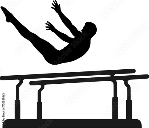 Minimal black and white silhouette of a gymnast dismounting from parallel bars, elegant vector art perfect for gymnastics, sports, acrobatics, fitness, and minimal design projects
