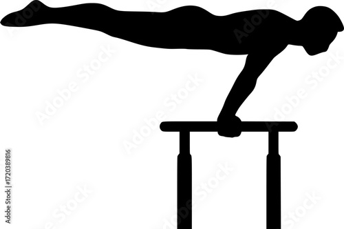 Minimal black and white silhouette of gymnast holding planche on parallel bars, vector illustration for gymnastics posters, fitness icons, acrobatic sport art, and monochrome design.