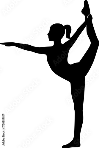 Minimal silhouette of gymnast holding Y-balance pose, black and white vector illustration for gymnastics posters, fitness icons, acrobatic art, and monochrome sports design.