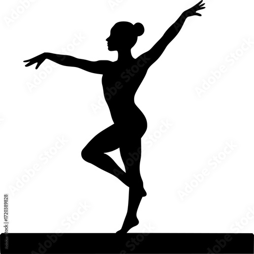 Minimal silhouette of a gymnast standing on beam tiptoe, elegant black and white vector for posters, sports illustrations, and monochrome artistic designs.