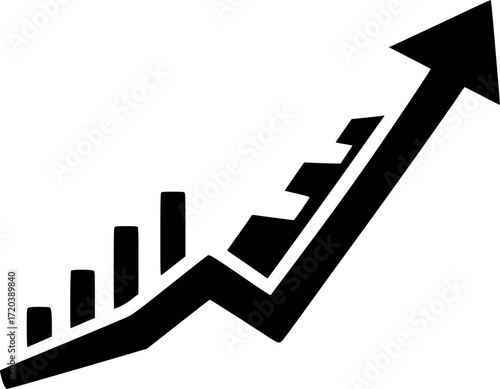 Financial upward growth arrow chart silhouette, business success growth, and profit vector icon