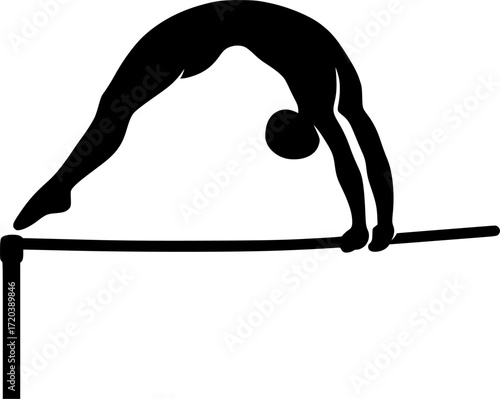 Minimalist black and white silhouette of a gymnast spinning on horizontal bar, clean vector design for posters, sports illustrations, and monochrome artwork.