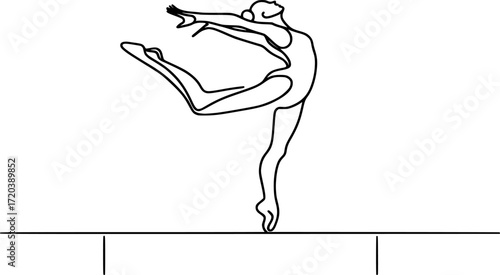 Minimal single line vector drawing of a gymnast balancing on beam tiptoe, elegant black and white continuous line art, perfect for posters, design, and sports illustrations.