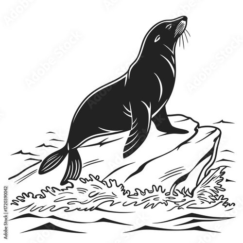 Seal sliding into sea silhouette