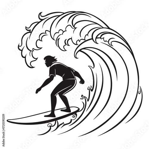 Surfer riding foamy wave silhouette