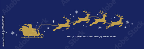 Christmas greeting card or banner design with Santa's sleight silhouette. Winter holidays background with Santa Clause and reindeers.