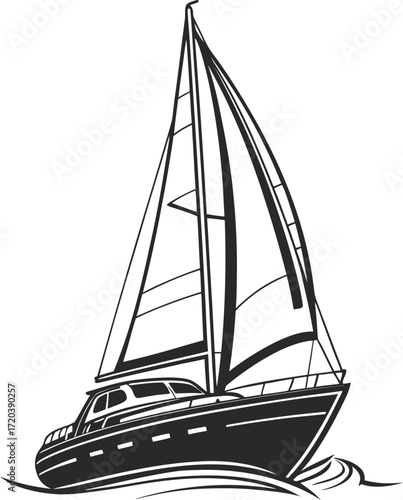 Silhouette of a modern sailboat with a large sail on the water Keywords: sailboat, yacht