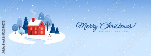 Christmas banner with cute red house, tiny snowman and frozen trees and pines. Snowy winter scene illustration, holiday background.
