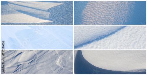 Set of snow textures. Collection of panoramic winter backgrounds with snowy ground. Beautiful wide panoramas with natural textures of clean fresh snow and wind-sculpted patterns on a snowy surface.