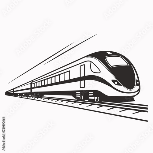 Futuristic Bullet Train in Motion Silhouette Vector on White Background, Dynamic High-Speed Train Vector, Sleek Modern Bullet Train Clipart, Minimalist Angled Train Silhouette
