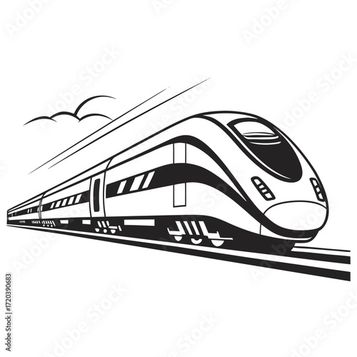 Futuristic Bullet Train Silhouette Vector Side View on White Background, Minimalist Bullet Train Vector, Sleek Aerodynamic Train Clipart, Modern High-Speed Train Silhouette
