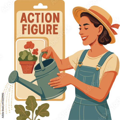 Woman Watering Plants A Whimsical Illustration of Gardening and Nurturing Nature