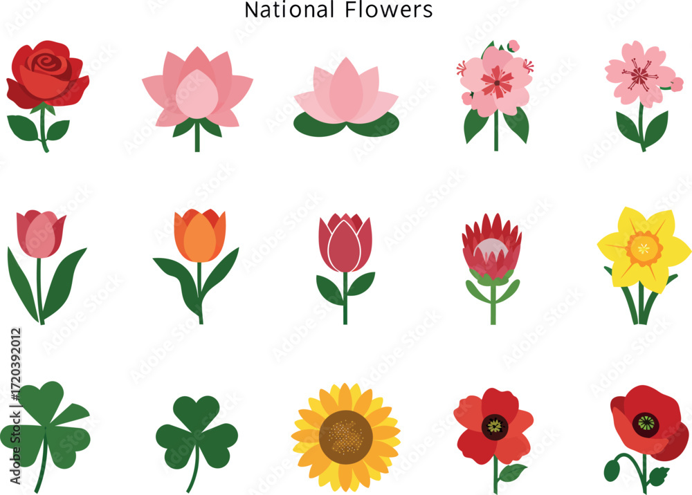 Fototapeta premium National Flowers: Flat Icon Set