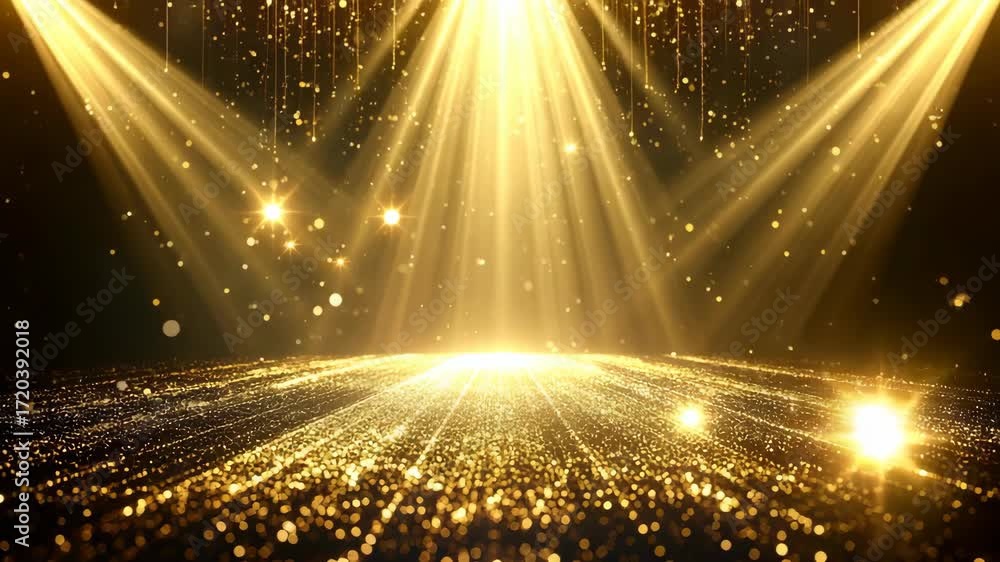 Golden stage backdrop with radiating lights and shimmering particles for awards ceremony and presentations, adding glamour and sophistication.