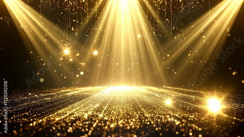 Golden stage backdrop with radiating lights and shimmering particles for awards ceremony and presentations, adding glamour and sophistication.