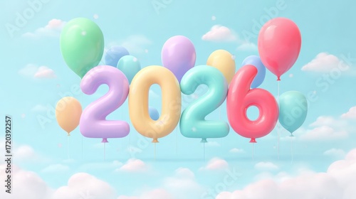 New Year celebration and pastel style concept, floating 2026 numbers as balloons among clouds in sky, colorful  holiday greeting, 2026 celebration, playful design, kids party, fantasy clouds