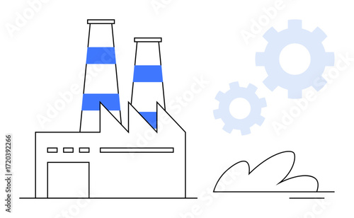 Factory building with tall chimneys and minimal plant elements alongside gear icons. Ideal for industry, manufacturing, innovation, production, engineering, energy, and efficiency. Simple flat