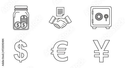 Financial icons including savings, agreements, and currencies for business
