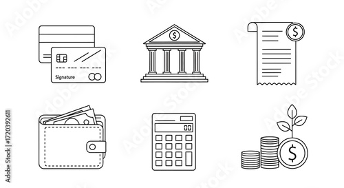 Financial icons representing banking, credit cards, a calculator, receipt, money, and growth. These icons symbolize the essence of managing wealth and transactions