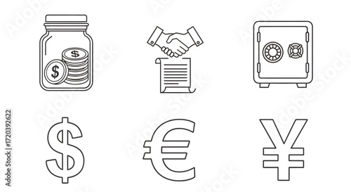 Set of financial and currency icons, including a jar of money, a handshake agreement, a safe, a dollar sign, a euro sign, and a yen sign