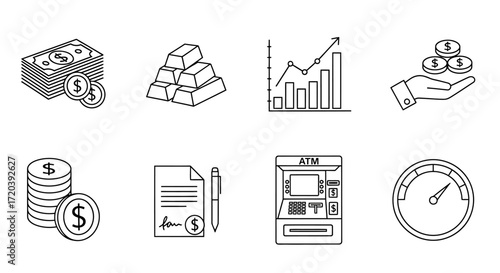 Financial icons representing diverse economic concepts. A graphical representation of financial and banking