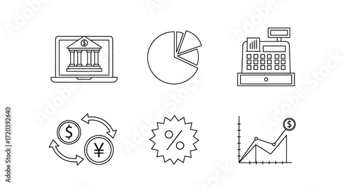 Financial icons in a minimalistic outline style, showcasing key aspects of business, including currency exchange, and financial growth