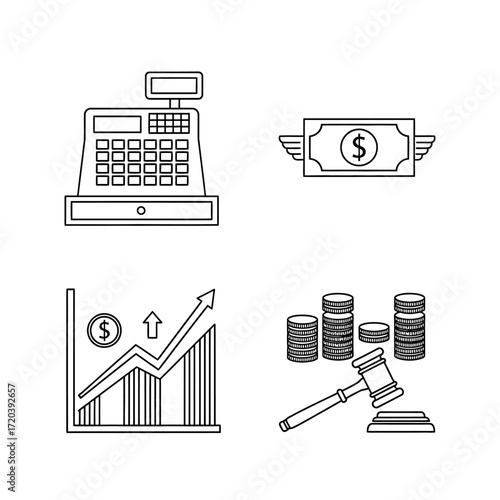 Collection of financial icons with cash register, currency note with wings, and other symbols. Illustrating the world of finance and the concept of money