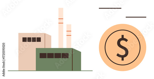 Factory building with chimneys beside a large dollar coin reflecting business, economy, and industrial profitability. Ideal for manufacturing, trade, economics, growth, commerce, production finance