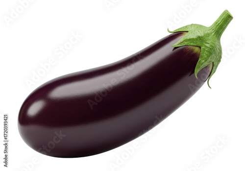 Isolated ripe eggplant showing its stem calyx on a plain surface, ingredient for cooking