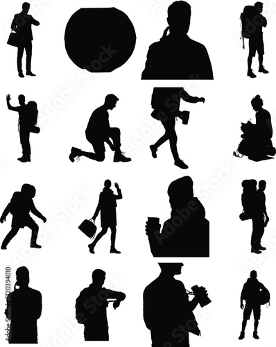 Silhouette collection showcases diverse people in various activities including travel work and leisure against a clean white background