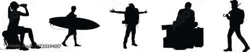 Diverse group of travelers in silhouette including a surfer hiker and tourist ready for adventure and exploration on their vacations