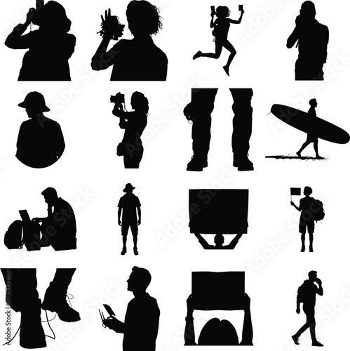 Silhouettes of diverse people engaged in various activities like photography surfing working and protesting against a white background