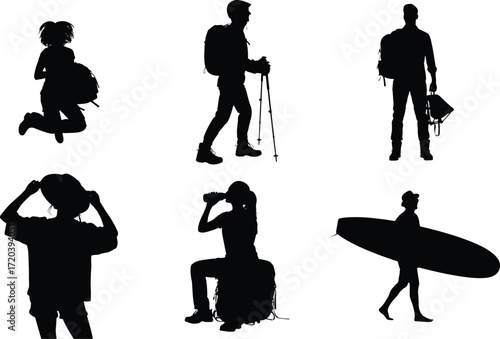 Silhouetted figures depict diverse outdoor activities including hiking surfing and backpacking against a clean white background for versatile use