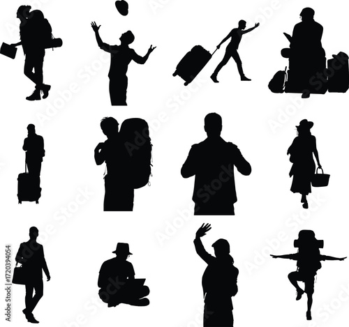 Silhouettes of travelers with luggage backpacks and hats showcase diverse travel styles and activities against a clean white background