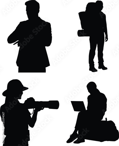 Silhouettes of diverse people including a businessman traveler photographer and digital nomad against a white background for creative use