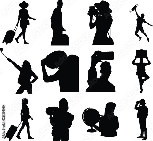 Silhouettes of travelers capturing memories and exploring the world showcasing travel photography and adventure in a minimalist design