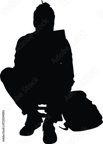 Silhouette of a person squatting with a bag creating a stark contrast against a white background in a minimalist and modern style