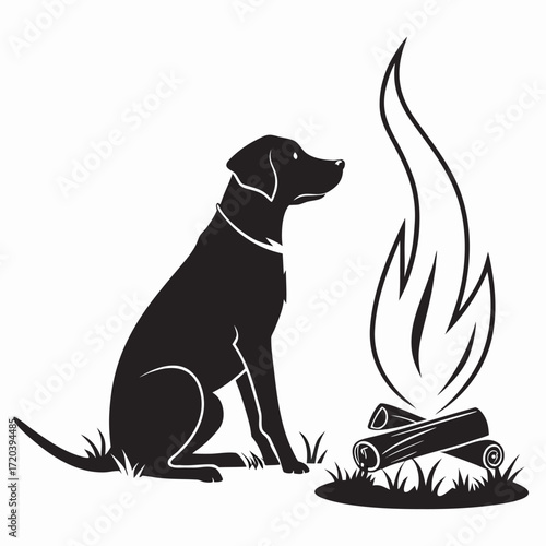 Dog sitting by campfire silhouette