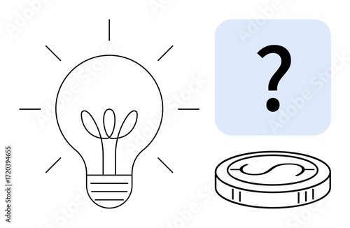 Light bulb radiates light, question mark sparks curiosity, coin hints at value. Ideal for creativity, problem-solving, business strategy, financial planning, innovation, decision-making education