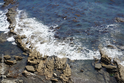 Pacific Ocean Shoreline with Rocks and Sea Foam