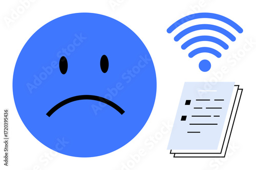 Blue sad face next to wireless signal icon and stacked documents conveying frustration with poor internet connectivity, remote work challenges, or digital communication. Ideal for technology