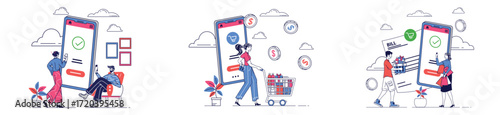 Three illustrations of online shopping and payment