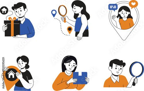 Six illustrated scenes of people interacting with symbols like gifts maps and magnifying glasses